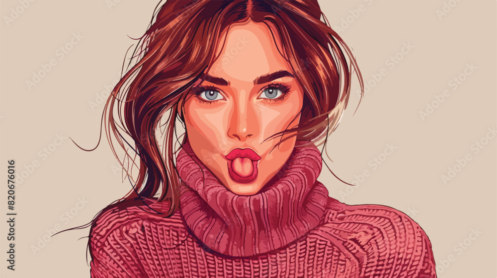 Beautiful young woman in sweater showing tongue 