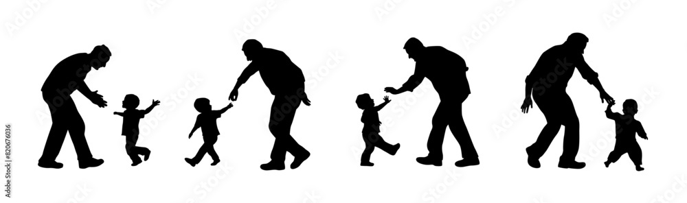 Dad playing with son, laughing father and his son having fun together silhouette
