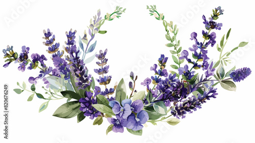 Watercolor lavender floral wreath wild flowers field