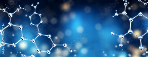 Horizontal banner with model of abstract molecular structure. Background of blue color with glass atom model. Copy space for your text. 3d render