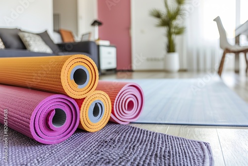 An image of multi-colored fitness mats lying in a modern apartment. Suitable for use in advertising banners, magazine covers, fitness products and services. Healthy lifestyle. Short workouts photo