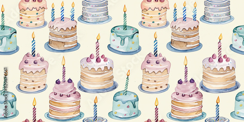 Celebrate with this charming seamless pattern featuring watercolor birthday cakes, complete with candles. Perfect for children's parties, birthdays, wallpapers, and gift wraps. photo