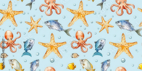 seamless summer pattern illustrated with watercolor, marine theme with coral fish, octopus and starfish. For template for fabric, wrapping paper, wallpaper photo