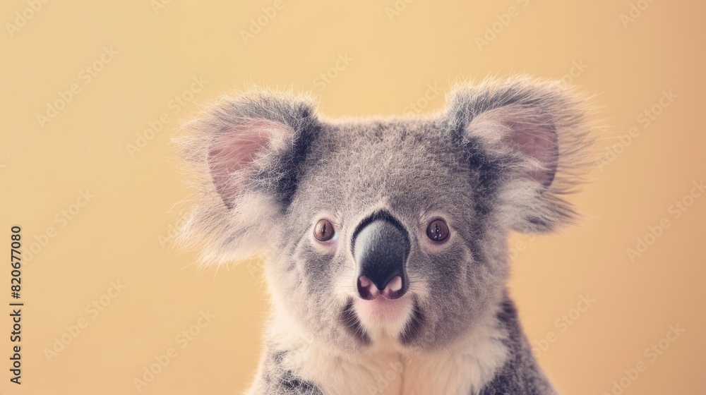 Fototapeta premium A baby koala is standing on a tree branch and looking at the camera