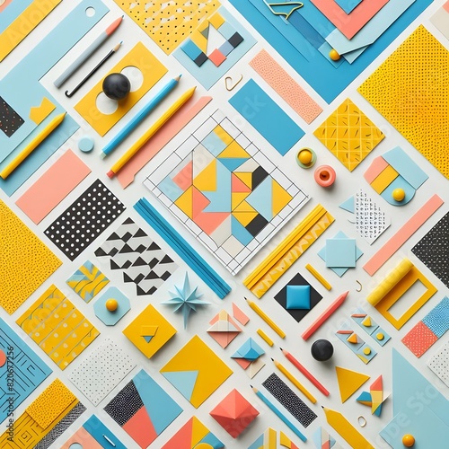 AI Generate of Background texture of Fashion Papers in Memphis Geometry Style. Yellow, blue, light blue, red and pastel pink colors. Top view, flat lay. photo