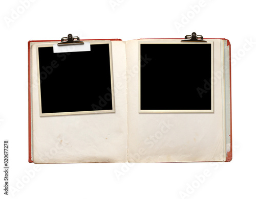 Old book, photo frame with paper tag attached with a vintage clip. Nostalgic scrapbooking style. Retro photo album and blank photos. Mock up template. Copy space for text. Isolated on white