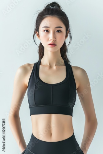 Sporty Activewear: Full face no crop of a Pretty Young Chinese Super Model in Sporty Leggings and Tank Top, showcasing active energy with a determined expression © Aditya