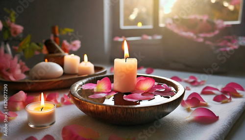 Romantic spa composition with candles  beauty wellness center. Spa product romantic spa resort room