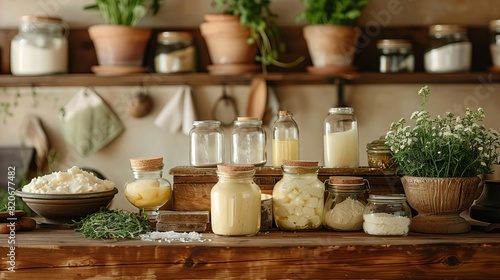 Different types of cooking fats like tallow  butter  and coconut oil in jars and dishes  displayed on a rustic kitchen counter with fresh herbs  cozy and inviting  photorealistic