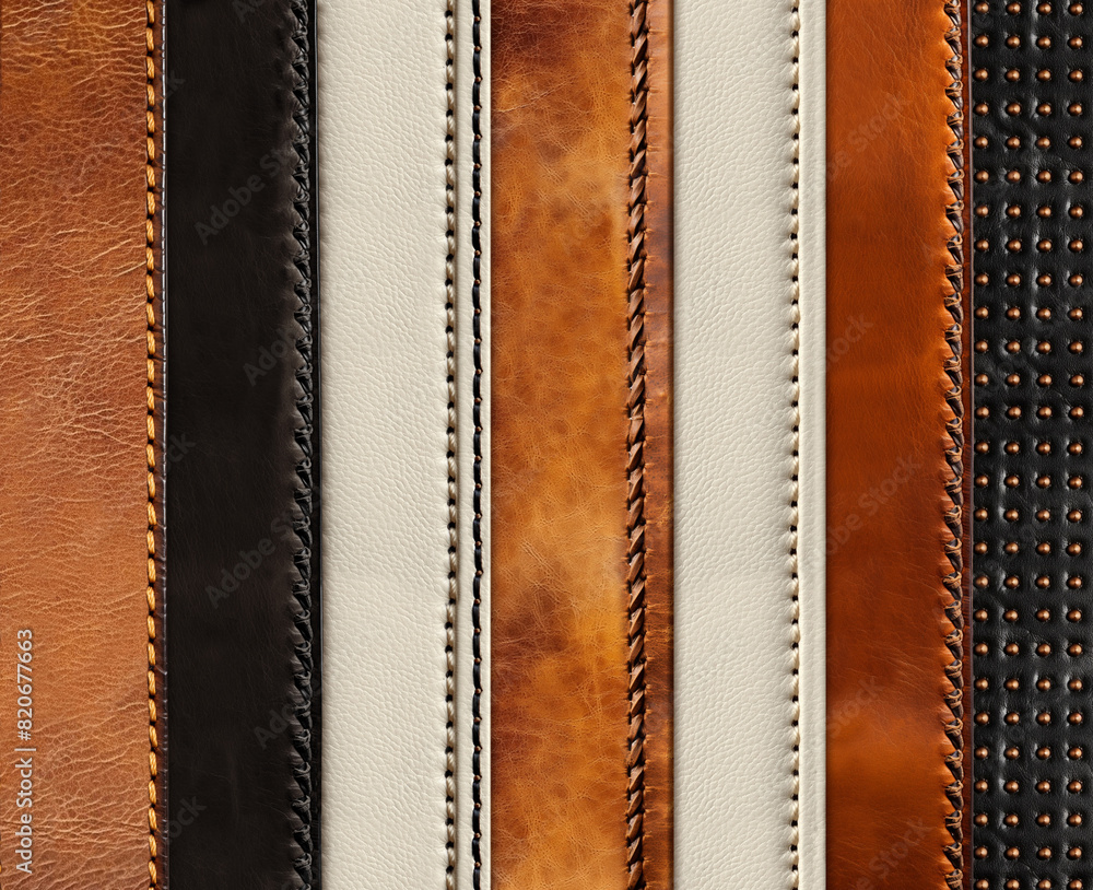 Horizontal or vertical background with leather belts of black, brown and light beige color. Collection of belts with decorative borders and rivets Horizontal or vertical background with leather belts of black, brown and light beige color. Collection of belts with decorative borders and rivets