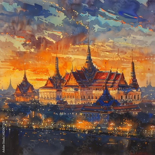 An expressive Fauvismstyle watercolor painting of Bangkoks famous Grand Palace at sunrise