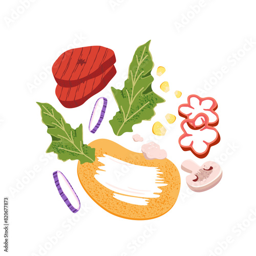 Recipe of preparing shawarma, doner kebab from beef, mushrooms. Process of cooking fastfood roll with meat. Fast food snack of mexico cuisine. Flat isolated vector illustration on white background