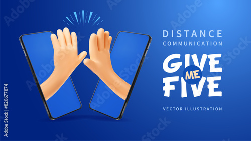 Two friends giving a high five using messenger or chat on smartphones. 3d Concept of friendship, communication, teamwork, agreement, online conference and distance communications. Vector illustration