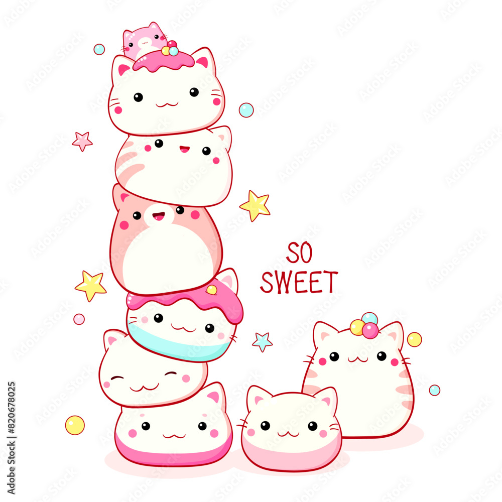 Stack of traditional Chinese animal-shaped mantou buns. Cute cat-shaped dessert in kawaii style. Inscription So sweet. Can be used for t-shirt print, sticker, greeting card. Vector illustration EPS8 Stack of traditional Chinese animal-shaped mantou buns. Cute cat-shaped dessert in kawaii style. Inscription So sweet. Can be used for t-shirt print, sticker, greeting card. Vector illustration EPS8