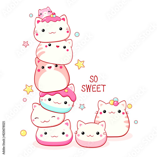 Stack of traditional Chinese animal-shaped mantou buns. Cute cat-shaped dessert in kawaii style. Inscription So sweet. Can be used for t-shirt print, sticker, greeting card. Vector illustration EPS8