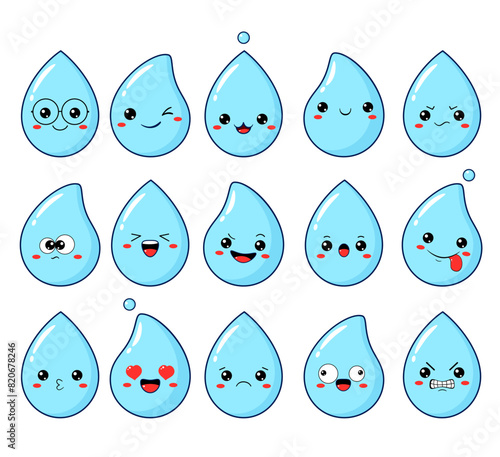 Collection of water drop emoticon with different mood. Set of cute cartoon droplet with emoji faces in different expressions - happy, sad, cry, fear, crazy. Vector illustration EPS8