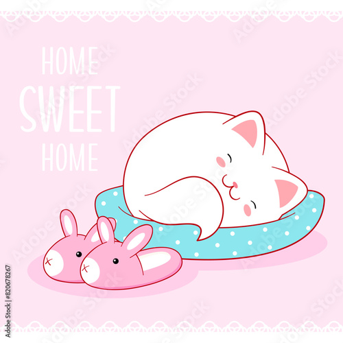 Cute season card with kitty. Lovely little cat sleeping. Inscription Home sweet home. Can be used for t-shirt print, stickers, greeting card design. Vector illustration EPS8