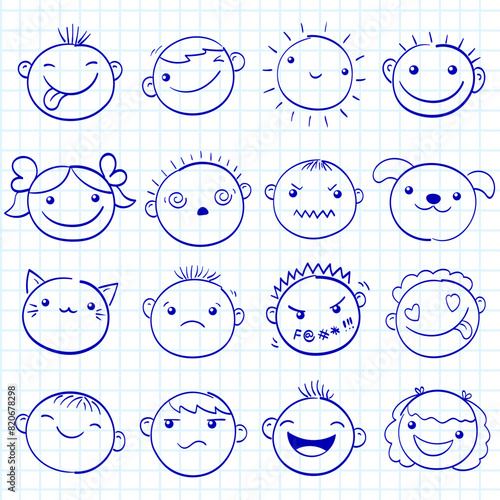 Back to school. Cute hand drawn sketches with faces with different emotions. Scribbled emoji in vary facial expressions. Set of funny sketch on notebook page. Vector illustration EPS8
