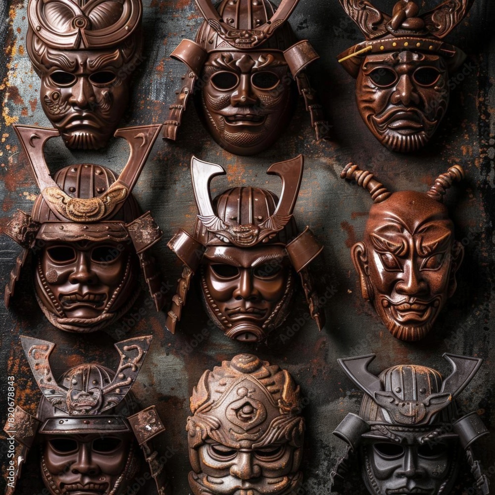 A chocolate collection of intricately designed samurai masks, each with unique features and details A chocolate collection of intricately designed samurai masks, each with unique features and details