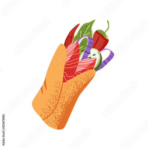 Vegetarian fast food with fish fillet. Delicious shawarma with fresh vegetables, onion. Spicy doner kebab with chilli pepper in pita roll. Fastfood snack. Flat isolated vector illustration on white