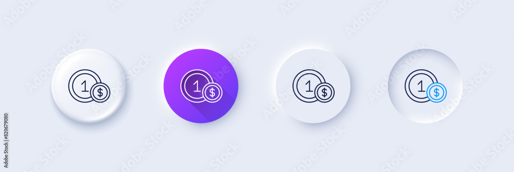 Coins line icon. Neumorphic, Purple gradient, 3d pin buttons. Money sign. Dollar currency symbol. Cash payment method. Line icons. Neumorphic buttons with outline signs. Vector Coins line icon. Neumorphic, Purple gradient, 3d pin buttons. Money sign. Dollar currency symbol. Cash payment method. Line icons. Neumorphic buttons with outline signs. Vector