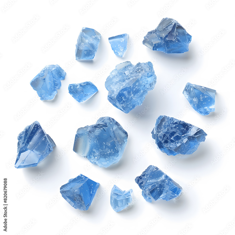 Top view blue crystals scattered isolated on white background Top view blue crystals scattered isolated on white background