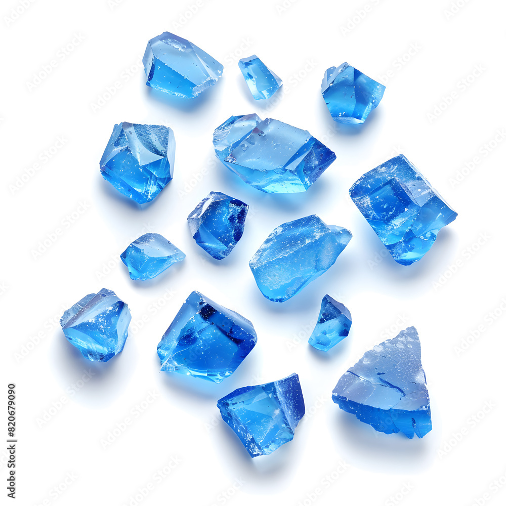 Top view blue crystals scattered isolated on white background Top view blue crystals scattered isolated on white background