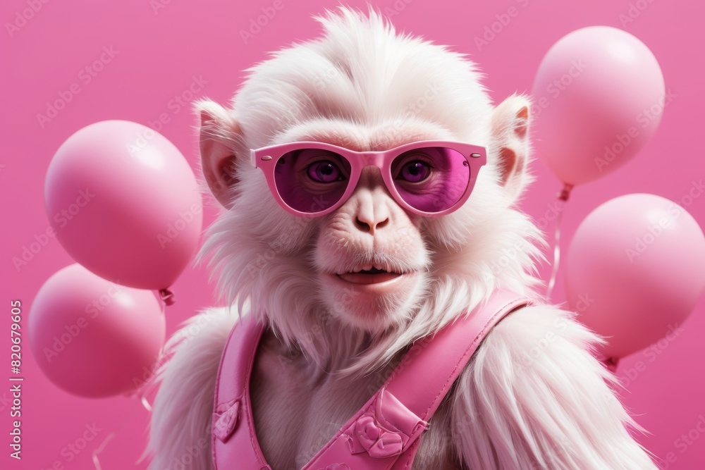 Cool monkey with sunglasses and pink-themed background, promotion concept.