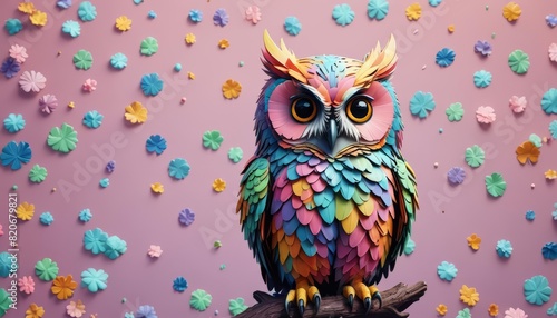 a colorful owl sitting on top of a glove on a pastel background with flowers and dots , pop surrealism.