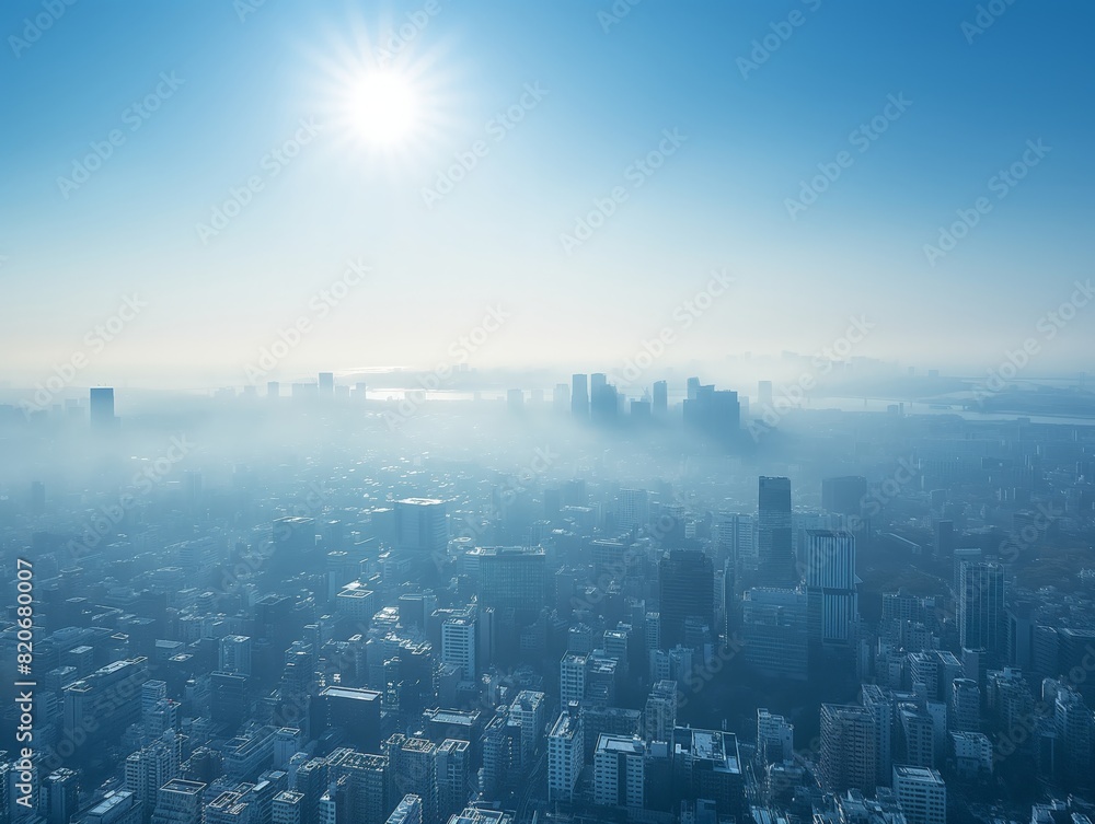 Aerial view of a city covered in morning fog with the sun shining brightly in a clear blue sky.
