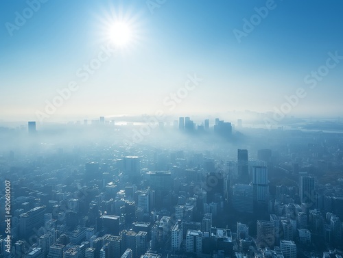 Aerial view of a city covered in morning fog with the sun shining brightly in a clear blue sky.
