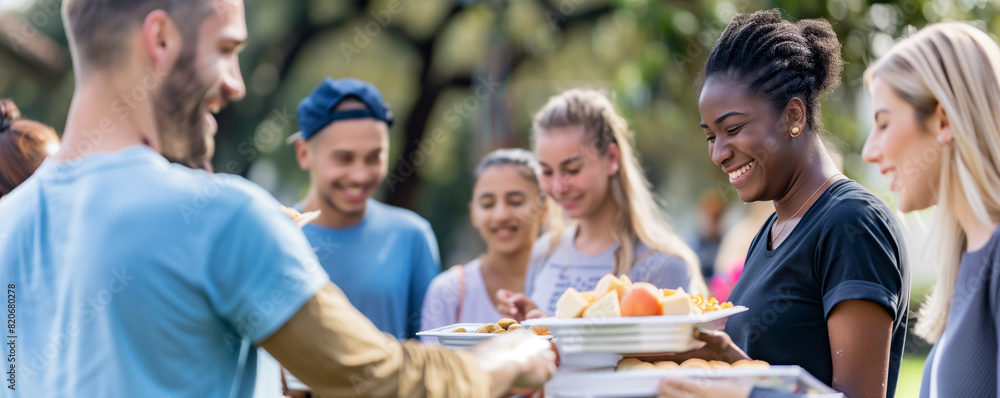 Group of Volunteers Engaging in Community Service by Handing Out Food Group of Volunteers Engaging in Community Service by Handing Out Food