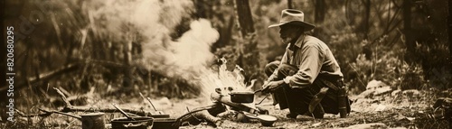 Cowboy cooking over a campfire in the wilderness, old Western style, sepia tones, vintage illustration