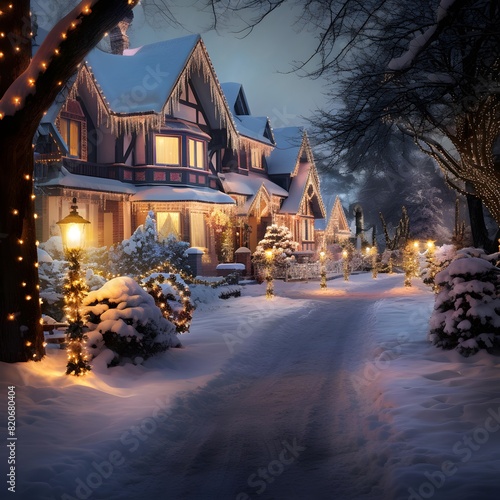 Beautiful house in the snow at night with christmas lights.