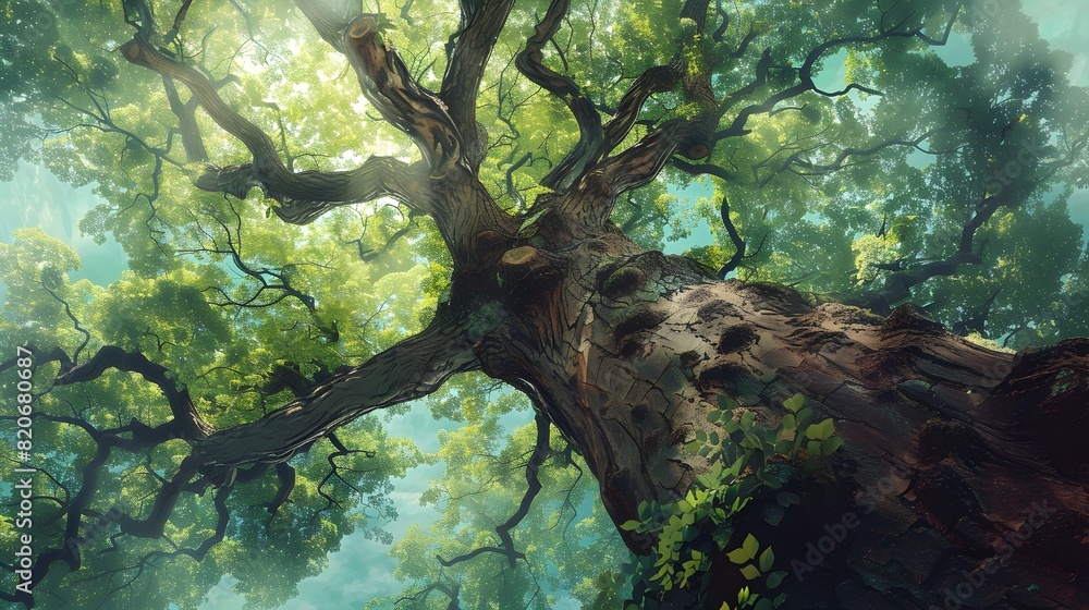 Towering Ancient Tree Reaching for the Sky in a Lush Dreamlike Forest ...