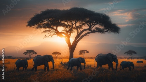 Elephant herd silhouetted by sunset walking through dry grass field with sun and trees in background