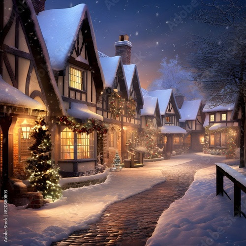 Beautiful winter landscape with snow covered houses and trees. Christmas background.