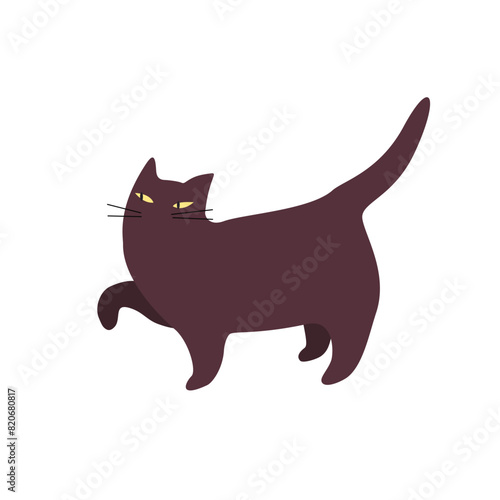 Happy black cat walks. Fluffy kitten with tail up steps. Cute kitty stands and raises paw. Adorable pussycat  furry pet  domestic animal goes. Flat isolated vector illustation on white background