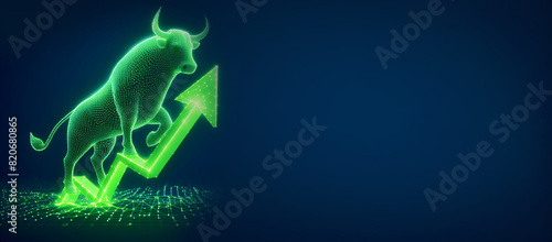 Abstract technology Bull represents aggressive financial, bull charging and taking the stock to new all time highs, Green rising charts  Stock market trading Up trend of graph rising price, copy space
