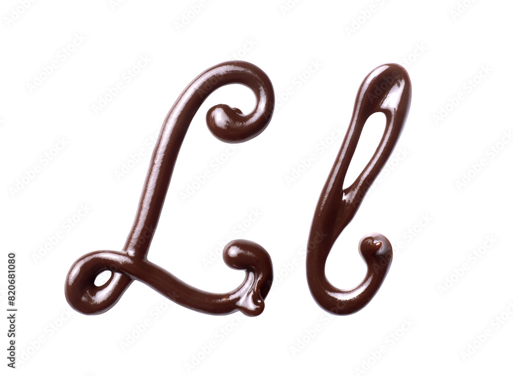 Obraz premium Large and small Letter L of the Latin alphabet made of melted chocolate, isolated on a white background