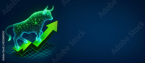 Abstract technology Bull represents aggressive financial, bull charging and taking the stock to new all time highs, Green rising charts  Stock market trading Up trend of graph rising price, copy space