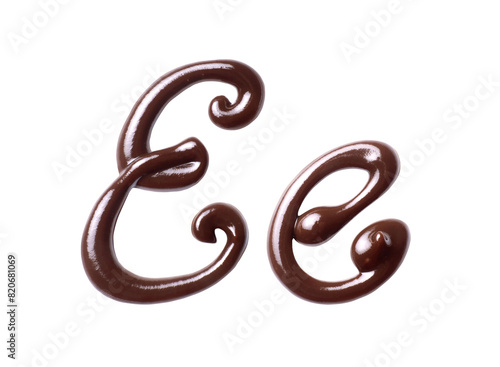 Large and small Letter E of the Latin alphabet made of melted chocolate, isolated on a white background