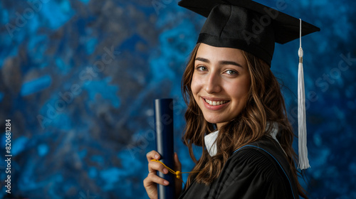 A smiling young woman in a graduation gown holding a diploma. Student wearing a graduation cap and gown. Person is standing in front of a blue background photo
