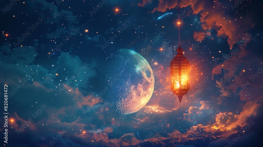 Festive crescent moon and stars with a glowing lantern Festive crescent moon and stars with a glowing lantern