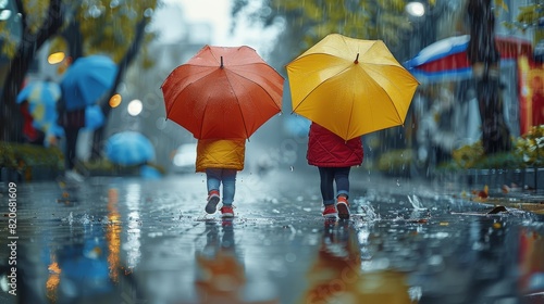 The children loved playing outside on rainy days with their bright  colorful umbrellas. Generative AI.