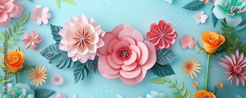 Colorful paper flower arrangement on a pastel blue background, featuring various intricate floral designs, perfect for spring decor.