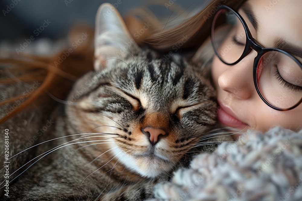 Cozy Moment of Young Woman and Sleeping Tabby Cat in Soft Blanket - Perfect for Pet-Friendly Design and Home Decor Cozy Moment of Young Woman and Sleeping Tabby Cat in Soft Blanket - Perfect for Pet-Friendly Design and Home Decor