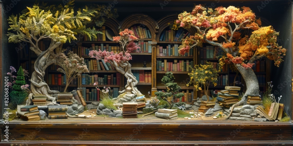 Fototapeta premium Fantastical miniature diorama with trees and books
