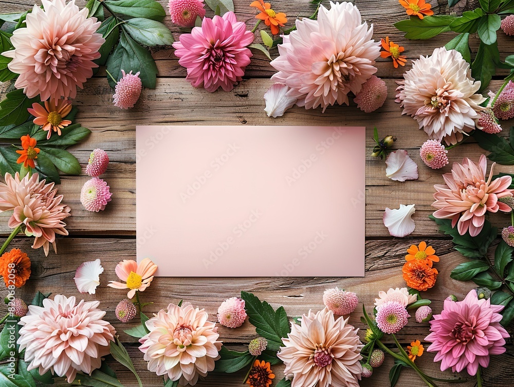 Top view of a pink blank card surrounded by beautiful flowers and green leaves on a wooden background, perfect for greeting cards or invitations. Top view of a pink blank card surrounded by beautiful flowers and green leaves on a wooden background, perfect for greeting cards or invitations.