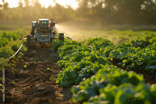 Robots farming, robot herbicide sprayers working in agricultural field concept, AI generated